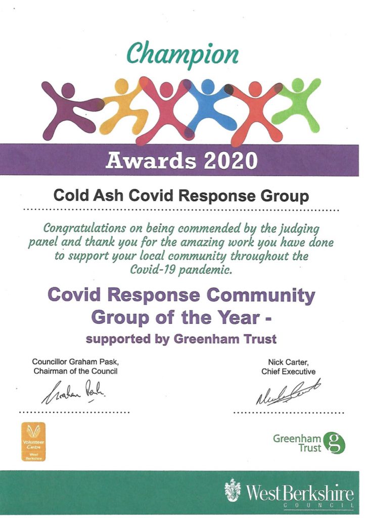 Cold Ash COVID Support Group Award Certificate